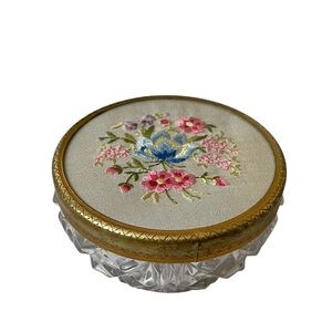 ANTIQUE VINTAGE Victorian Cut Glass Trinket Bowl Box Jar Floral Embroidered Lid